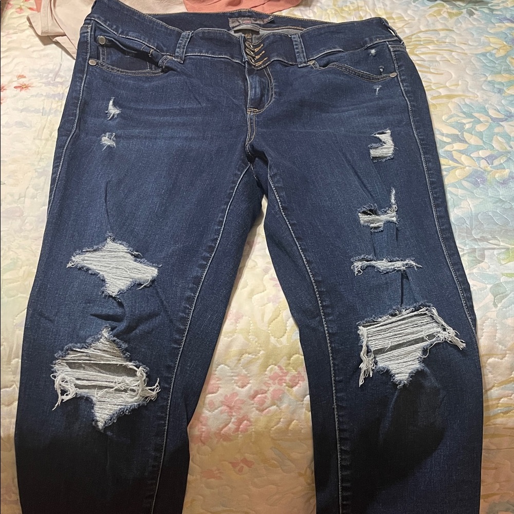 Torrid Dark Blue Distressed Skinny Jeans